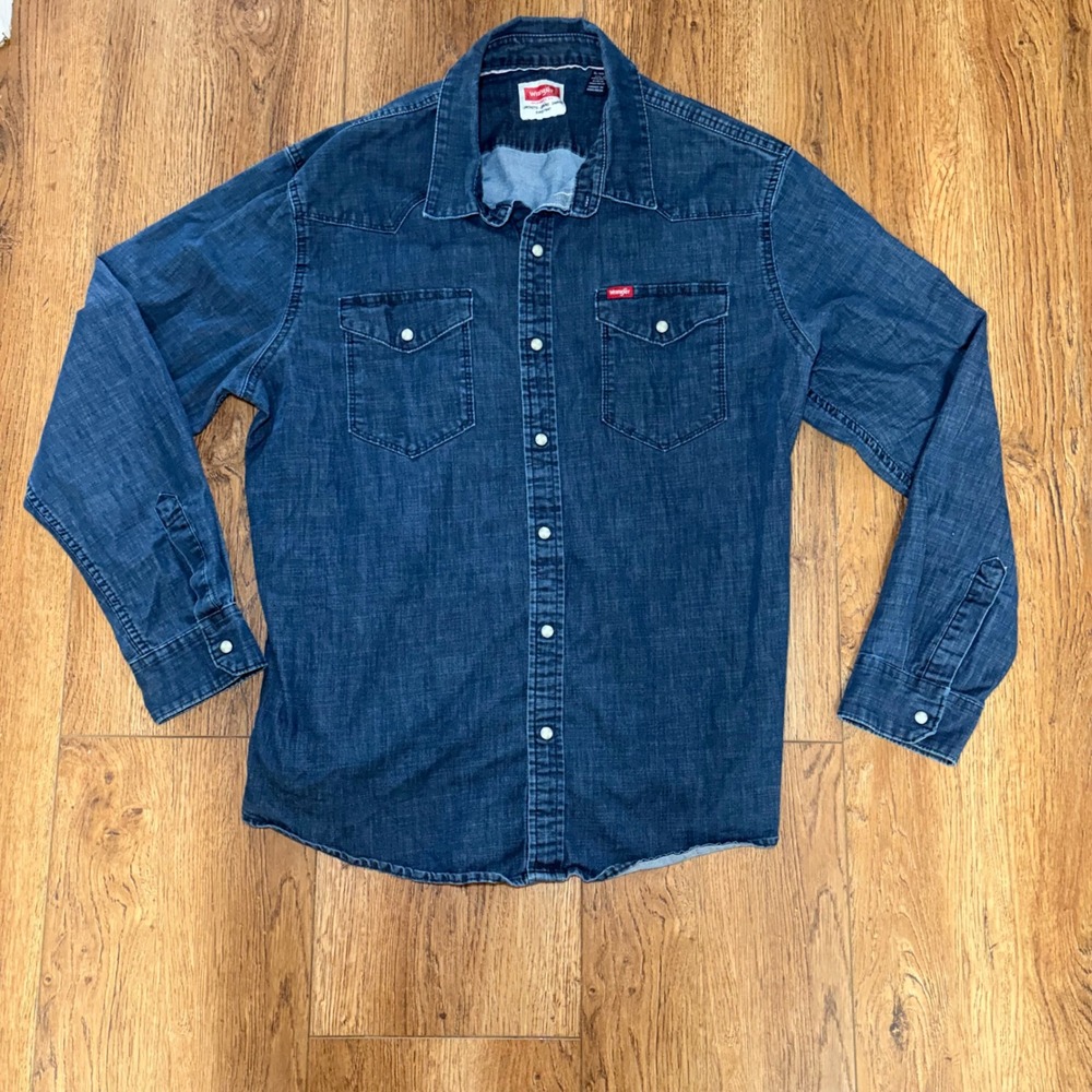 Wrangler Denim Pearl Snap Western Shirt Blue Dark Wash Cowboy Workwear XL
